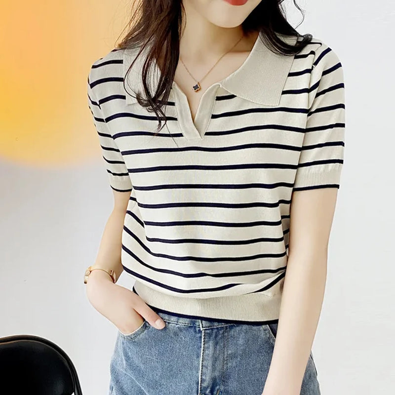 Women Summer POLO T-Shirt Causal Cotton Short Sleeve Lady T Shirt Striped Summer Female Trendy Fashion Top Tee-Gennys fashion