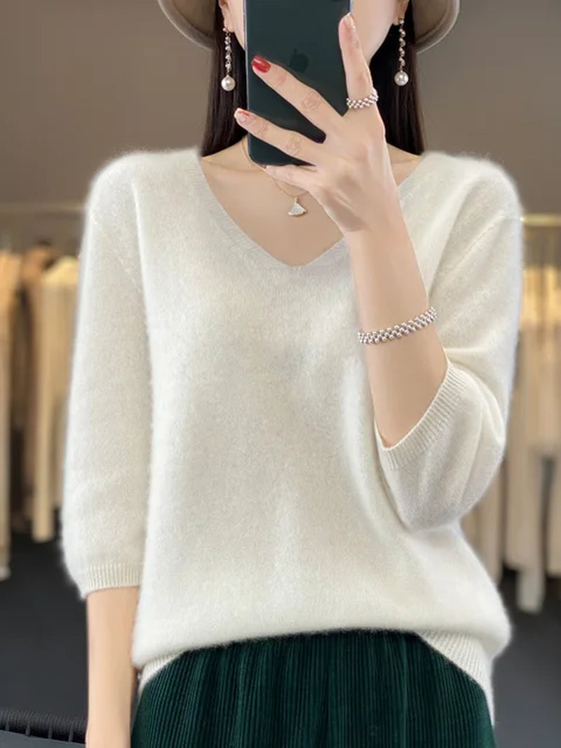 Short Sleeve Women Knitted Sweaters 100% Pure Merino Wool Cashmere Spring Fashion V-Neck Top Pullover Clothing-Gennys fashion