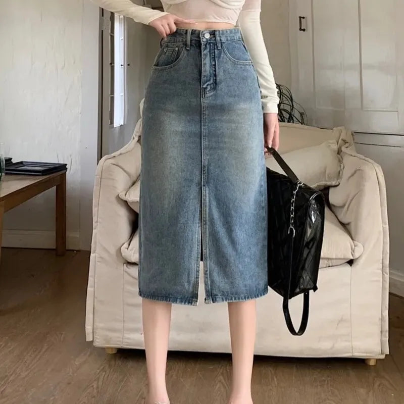 Korean Version of Ins Retro High-Waisted Split Denim Jeans Skirt Women Loose Thin Long A-Line Bag Hip Skirt Tide Women Jeans-Gennys fashion