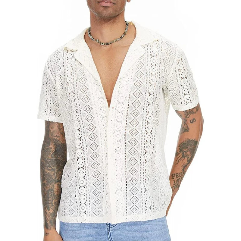 Men'S Short-Sleeve Hollow-Out Lace Shirt Single Breasted Lapel Perspective Shirt Top-Gennys fashion