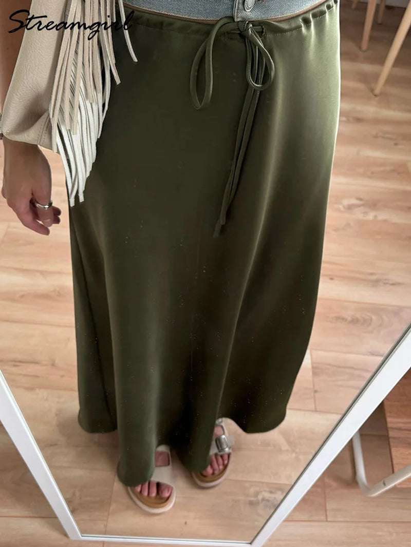 Champagne Long Skirts for Women Elegant 2024 Luxury Satin Skirt Long Beige a Line Tie up Army Green Maxi Skirts for Women Autumn-Gennys fashion