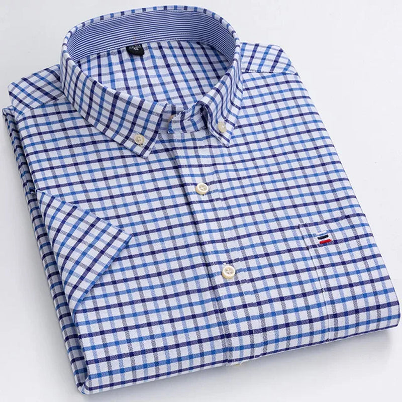 Men'S Fashion Versatile Short Sleeve Oxford Shirt Single Chest Pocket Regular-Fit Comfortable Cotton Plaid Striped Casual Shirts-Gennys fashion