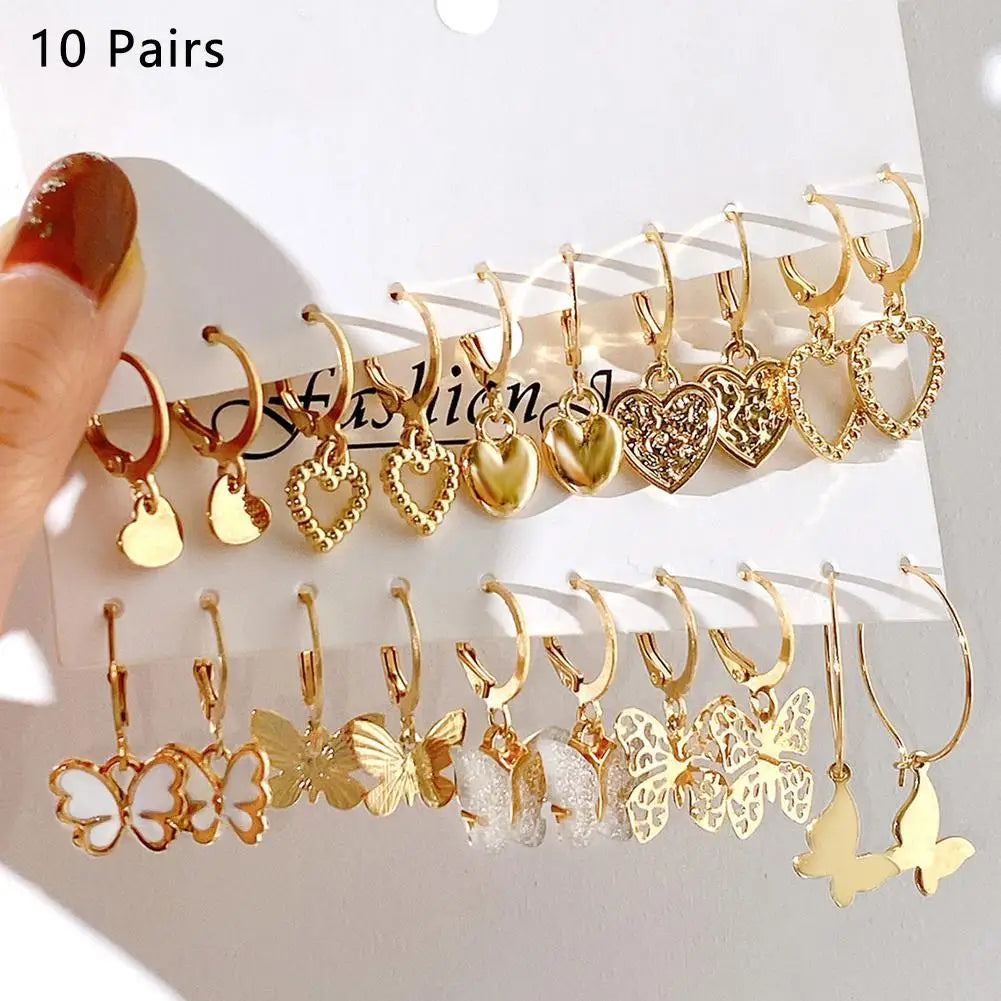 New Gold Color Butterfly Love Hoop Earrings Set New Creative Simple Heart Hollow Dangle Earring for Women Fashion Trendy Jewelry-Gennys fashion