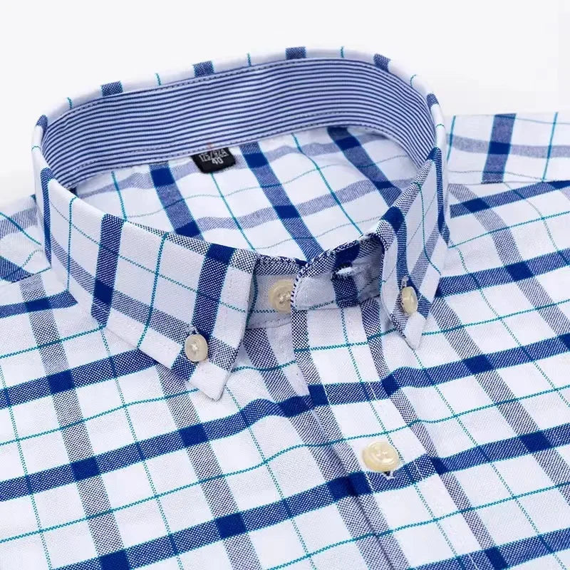 100% Cotton Men Oxford Shirt Short Sleeve Summer Plaid Striped Male Clothes Business Regular Fit Dress Shirt Oversized 7XL 6XL-Gennys fashion