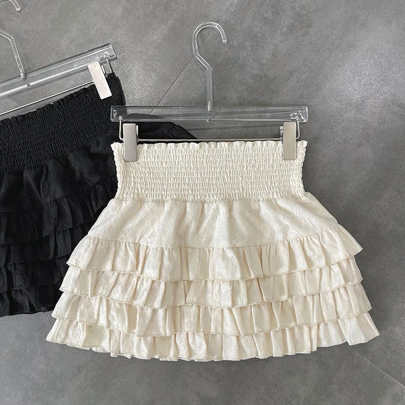 Streetwear Y2K Ruffles Mini Skirts Women Sweet Kawaii High Waist Lace a Line Skirt Summer Korean Fashion Black Ball Gown Skirts-Gennys fashion