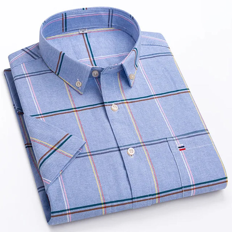 100% Cotton Men Oxford Shirt Short Sleeve Summer Plaid Striped Male Clothes Business Regular Fit Dress Shirt Oversized 7XL 6XL-Gennys fashion