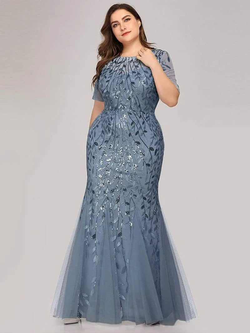 2023 plus Size Sequin Mesh Mermaid Slim Evening Dress Beaded Leaves Pattern Formal Women Elegant Party Prom Gowns Short Sleeve-Gennys fashion