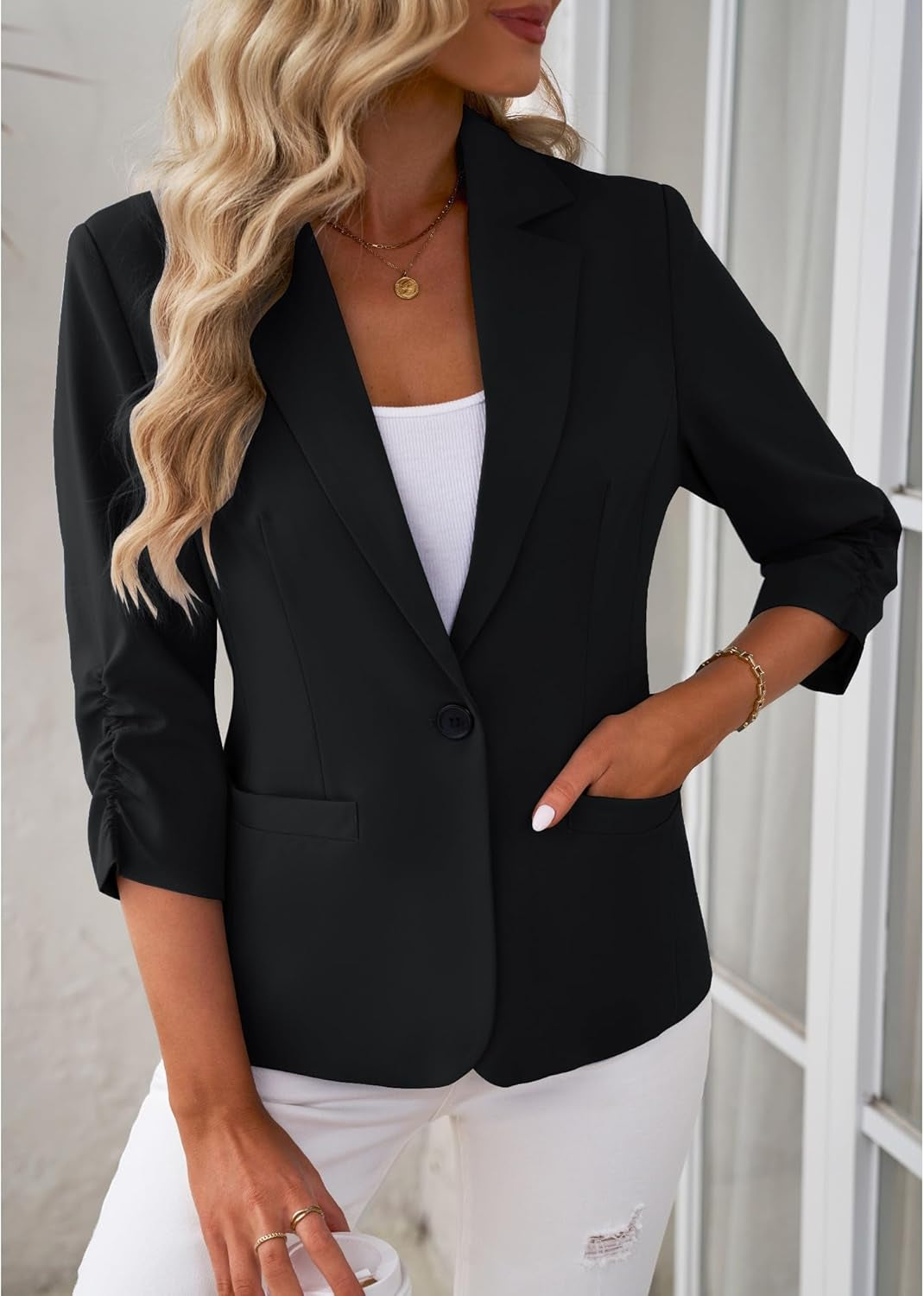 Womens Blazer Suit Lapel One Button Blazer Work Office Jacket Suits with Pockets-Gennys fashion