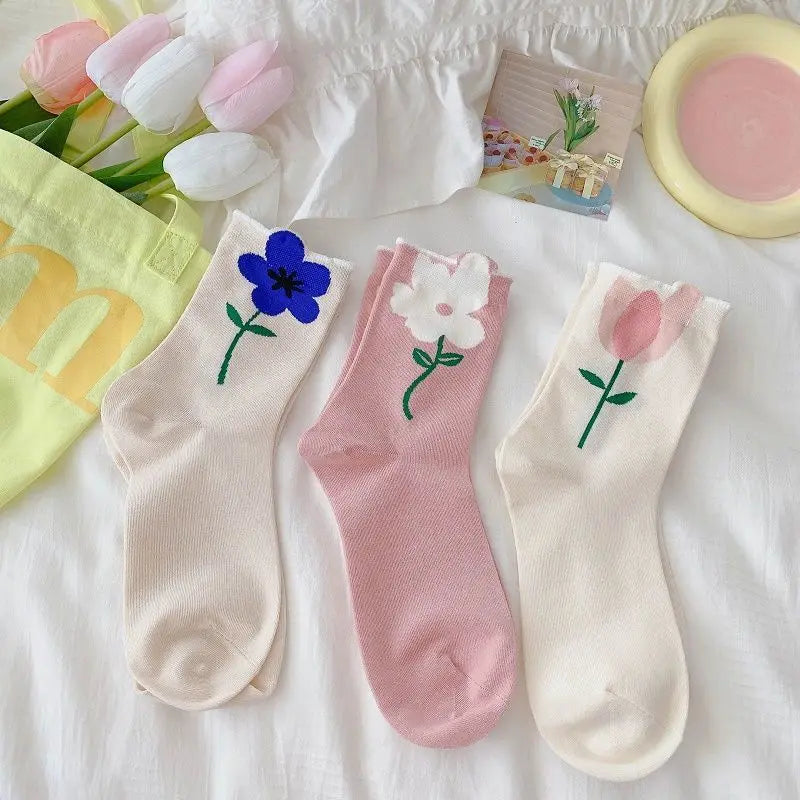 5 Pairswomen'S Middle Tube Socks Harajuku Retro Floral Vintage Novelty Elegant Ethnic Kawaii Cute Casual Breathable Ladies Girls-Gennys fashion