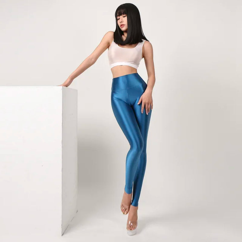 Glossy See through Thin Satin Sexy Leggings High Waist Yoga Sports Pants plus Size Trousers Women Bottoms-Gennys fashion