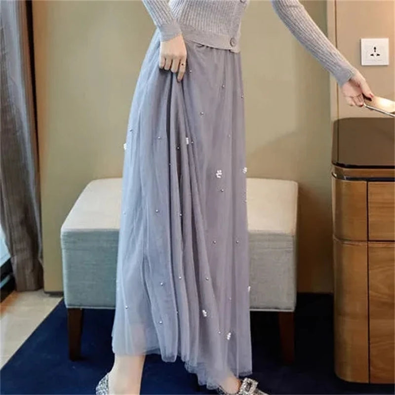 Elegant Mid-Length All-Match High-Waist Slimming Flocking Floral Mesh Long Gauze Skirts Women 2023 Autumn Winter High Waisted-Gennys fashion