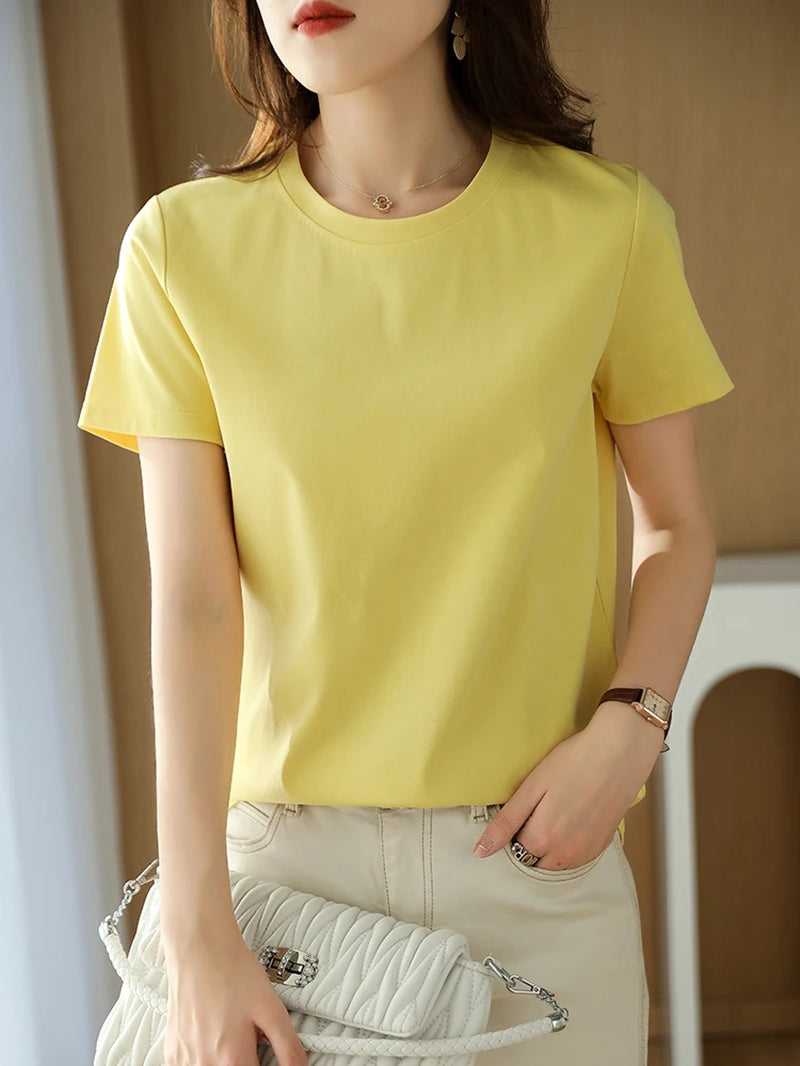 Summer 100% Mercerized Cotton Women Silk T-Shirts O Neck Short Sleeve Loose Straight Tops Simple Casual Tees for Minimalist 2023-Gennys fashion