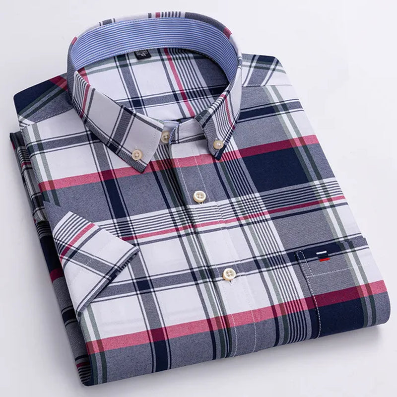 100% Cotton Men Oxford Shirt Short Sleeve Summer Plaid Striped Male Clothes Business Regular Fit Dress Shirt Oversized 7XL 6XL-Gennys fashion