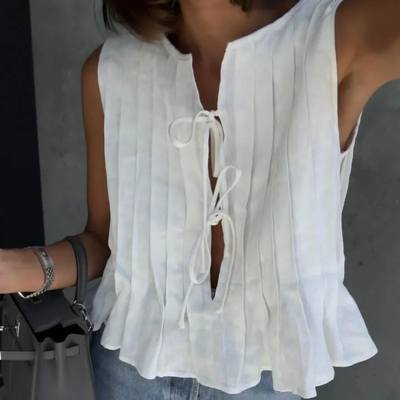 Linen Cotton Pleated Lace up Sleeveless Short Shirt Blouse Female Slim Waist Crop Top Pleated Shirts 2024 New White-Gennys fashion