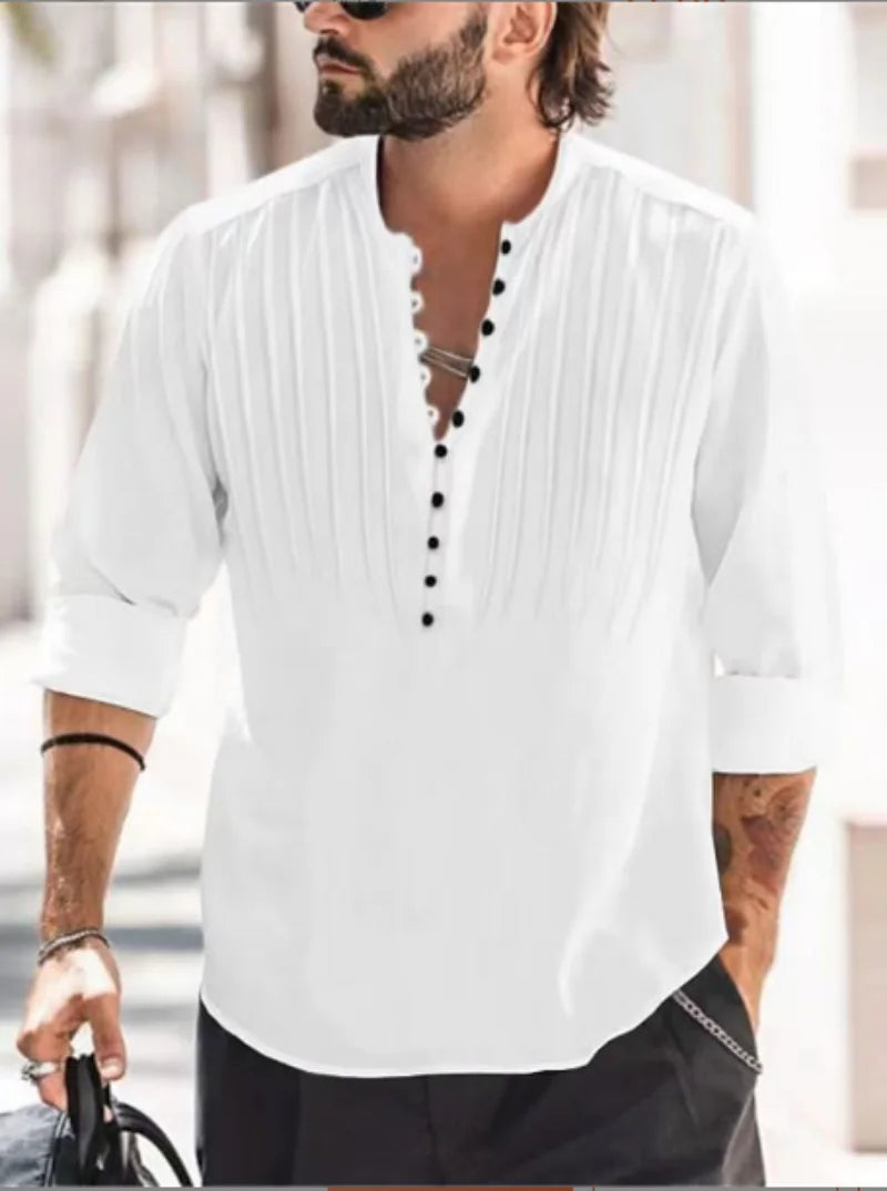 2024 New Men'S Bandage round Collar High Quality Shirt Men'S Solid Color Cotton Folding Casual Slim Long-Sleeved Shirt-Gennys fashion