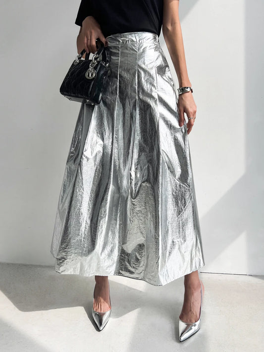 2Colors Women Summer Autumn Pleated Long Skirts for Womens Elastic High Waist Vintage Silver Skirt Female(W10051)-Gennys fashion