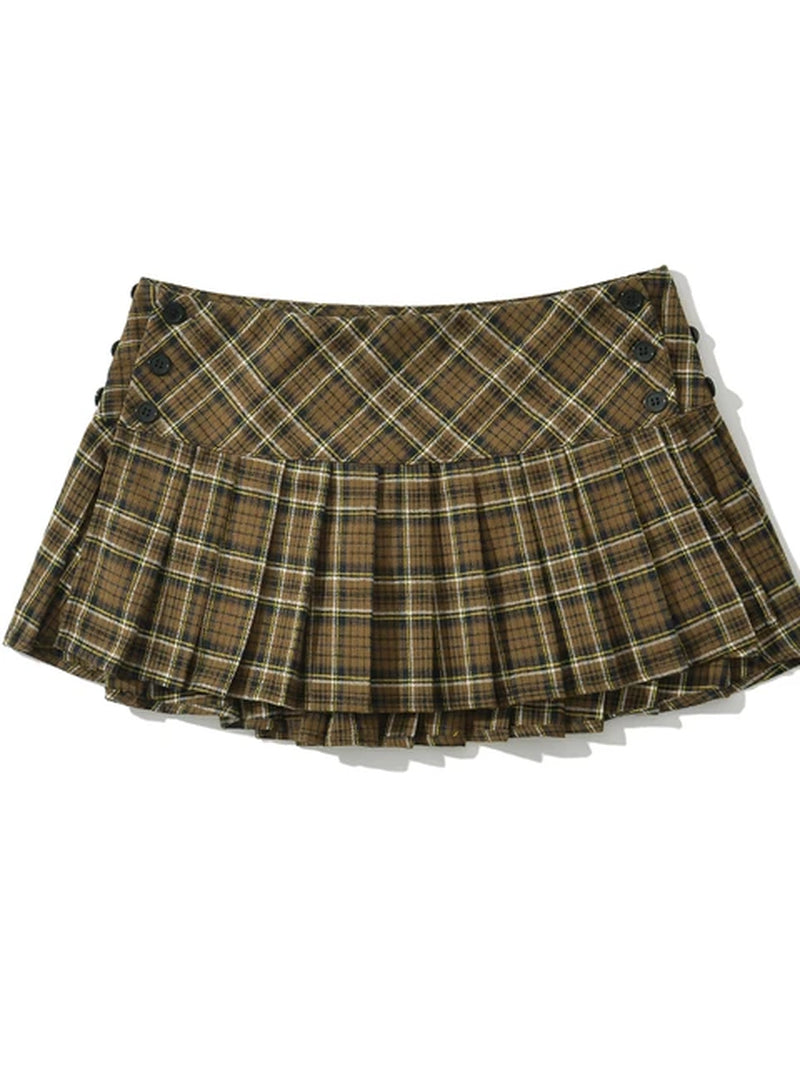 2024 Women New Fashion Preppy Style Plaid Printed Pleated Mini Skirt Hot Sweet Low Waist Sexy Super Short Skirts-Gennys fashion