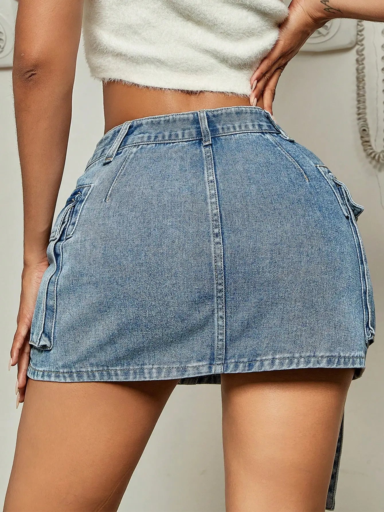 2023 Trendy Street Tooling Style Flap Pocket Ribbon Details Slim Workwear Denim Mini Skirt High Street Clothing-Gennys fashion