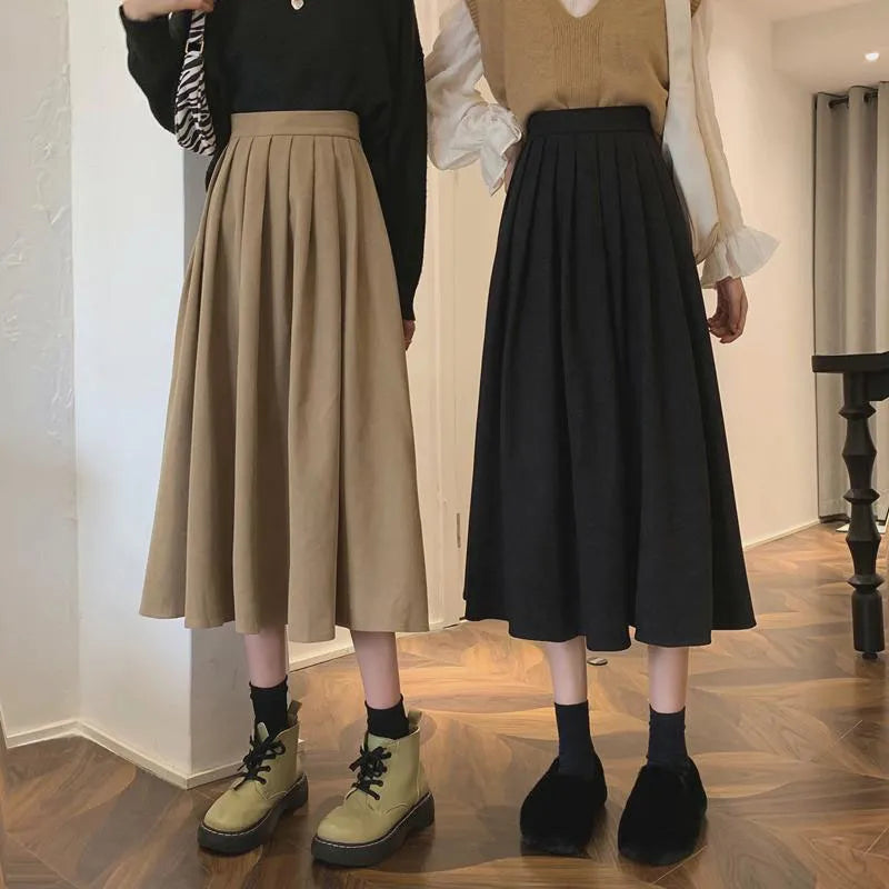 Vintage Brown High Waist Pleated Skirt Women Korean Fashion College Style Long Skirt Ladies Autumn Casual a Line Skirts-Gennys fashion