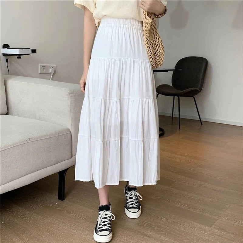 Spring Summer Women Chiffon Skirts Vintage High Waist Elastic Patchwork White Black Chic Long Cake A-Line Skirt for Student-Gennys fashion