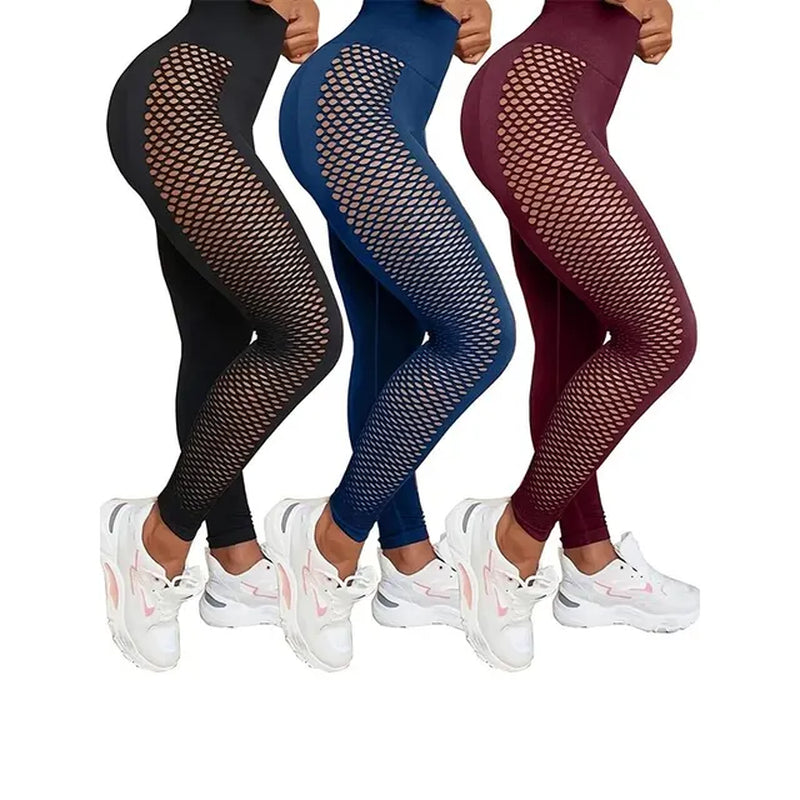 Women'S 3-Piece Yoga Sxy Seamless Super Elastic Fishnet Insert Sports Leggings-Gennys fashion