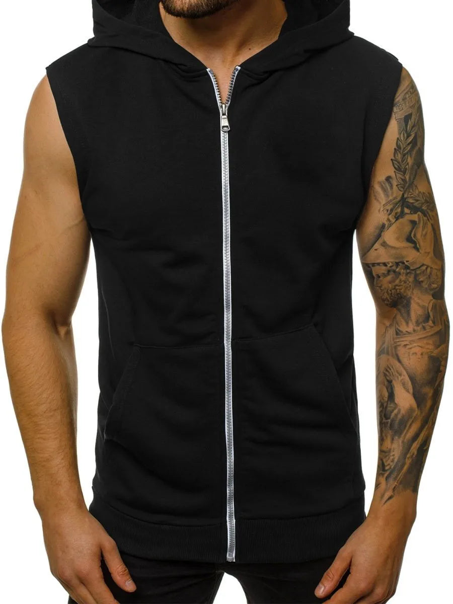 Hot Selling Men'S Lace up Hoodie with Open Front Zipper Hoodie, Sleeveless Fashionable Sports Jacket, Men'S Clothing-Gennys fashion