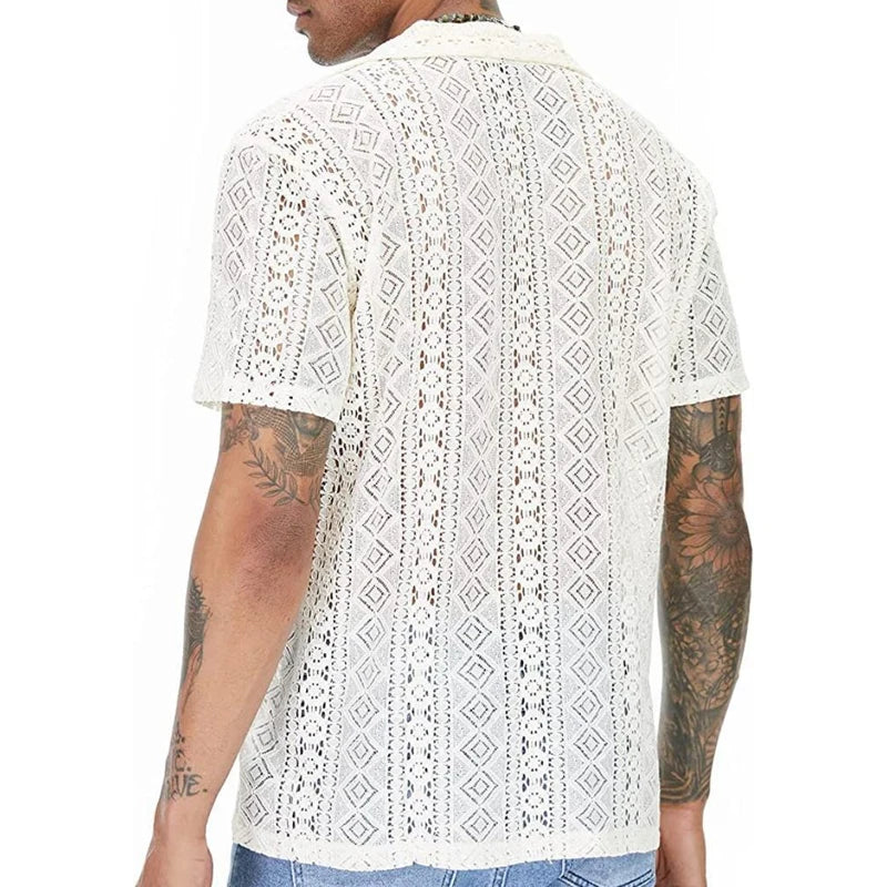 Men'S Short-Sleeve Hollow-Out Lace Shirt Single Breasted Lapel Perspective Shirt Top-Gennys fashion