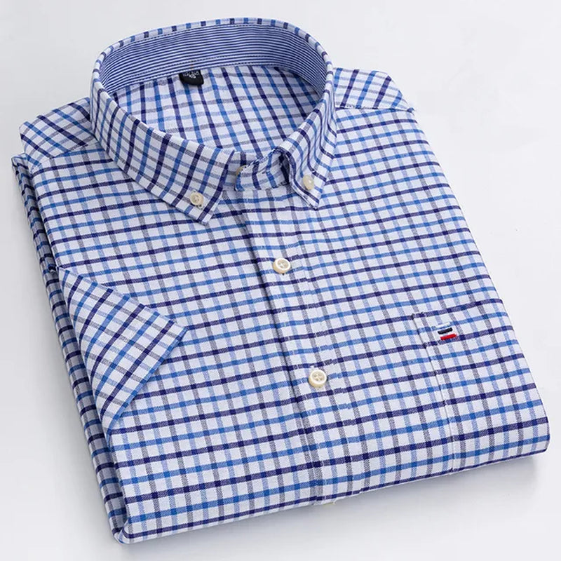 100% Cotton Men Oxford Shirt Short Sleeve Summer Plaid Striped Male Clothes Business Regular Fit Dress Shirt Oversized 7XL 6XL-Gennys fashion