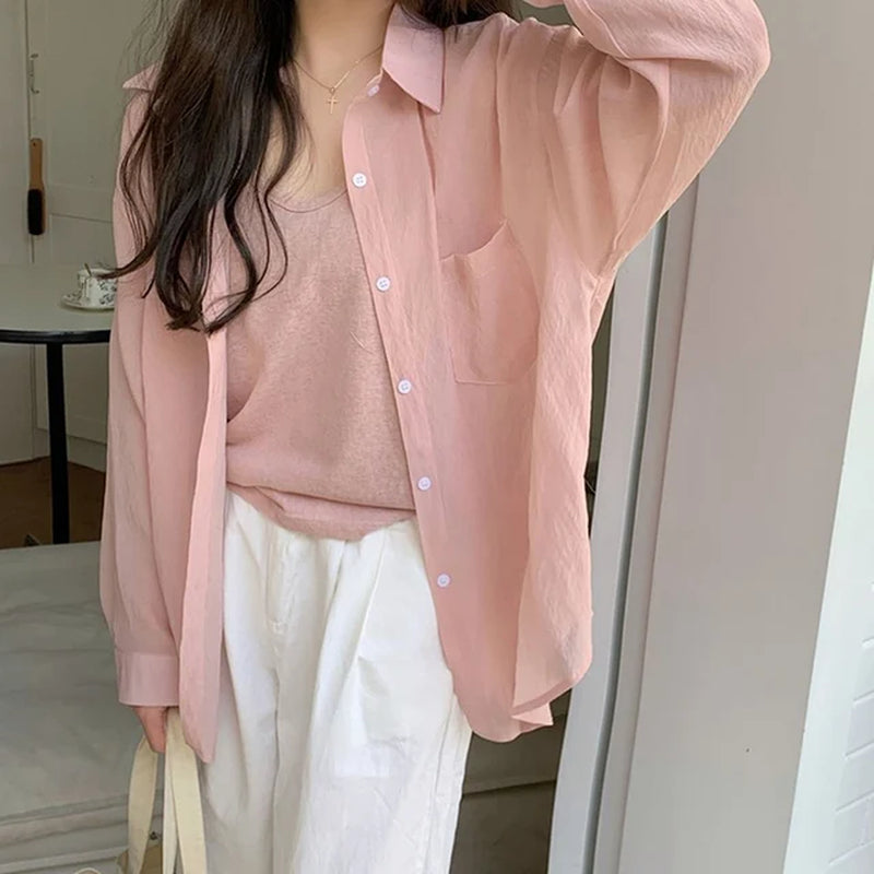 Sun-Proof Thin Summer Shirt Women Simple Solid Color Long Sleeve Blouse Woman 2024 Korean Style Loose Basic Shirts Female-Gennys fashion