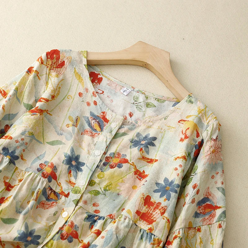 Apricot Floral Printing Vintage Linen O-Neck Short Sleeve Single Breasted Women'S Blouse Shirt Female Clothing Tops 2024 Spring-Gennys fashion