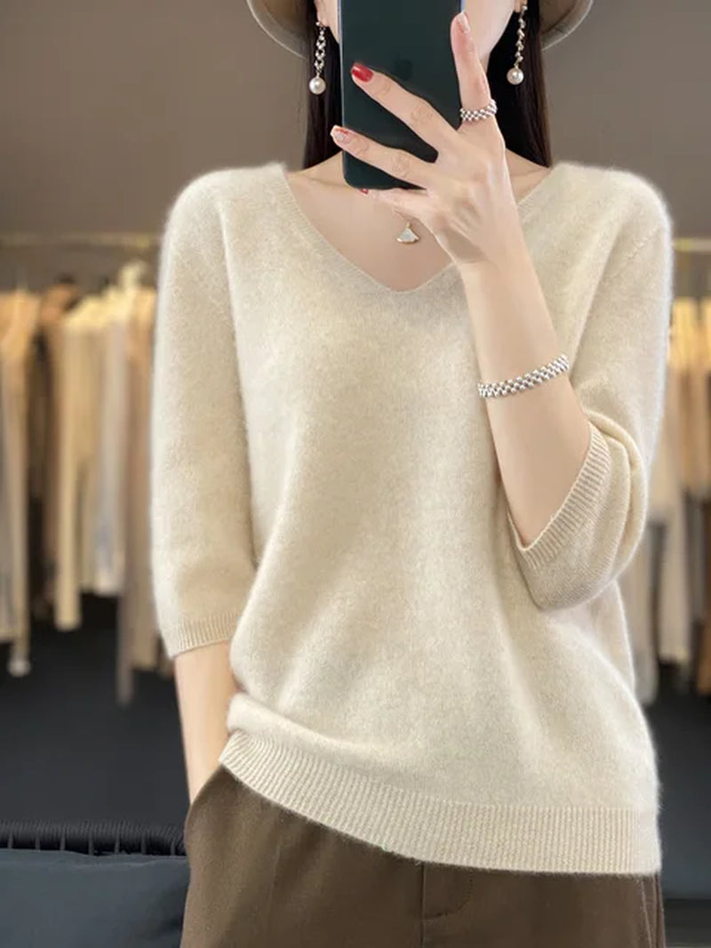 Short Sleeve Women Knitted Sweaters 100% Pure Merino Wool Cashmere Spring Fashion V-Neck Top Pullover Clothing-Gennys fashion