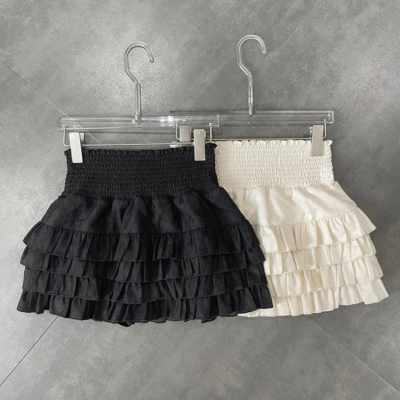 Streetwear Y2K Ruffles Mini Skirts Women Sweet Kawaii High Waist Lace a Line Skirt Summer Korean Fashion Black Ball Gown Skirts-Gennys fashion