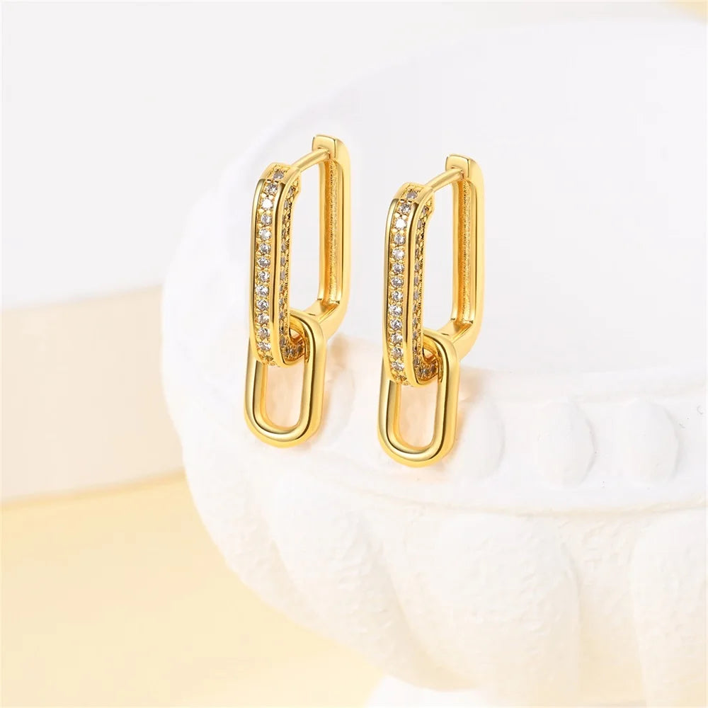 Elegant 925 Sterling Silver Double Square Buckle K Gold Set Pavé Earrings Women'S Anniversary Party Jewelry Gift-Gennys fashion