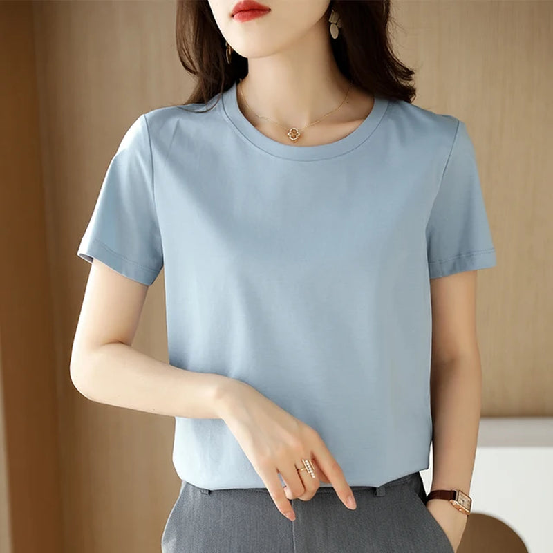 Summer 100% Mercerized Cotton Women Silk T-Shirts O Neck Short Sleeve Loose Straight Tops Simple Casual Tees for Minimalist 2023-Gennys fashion