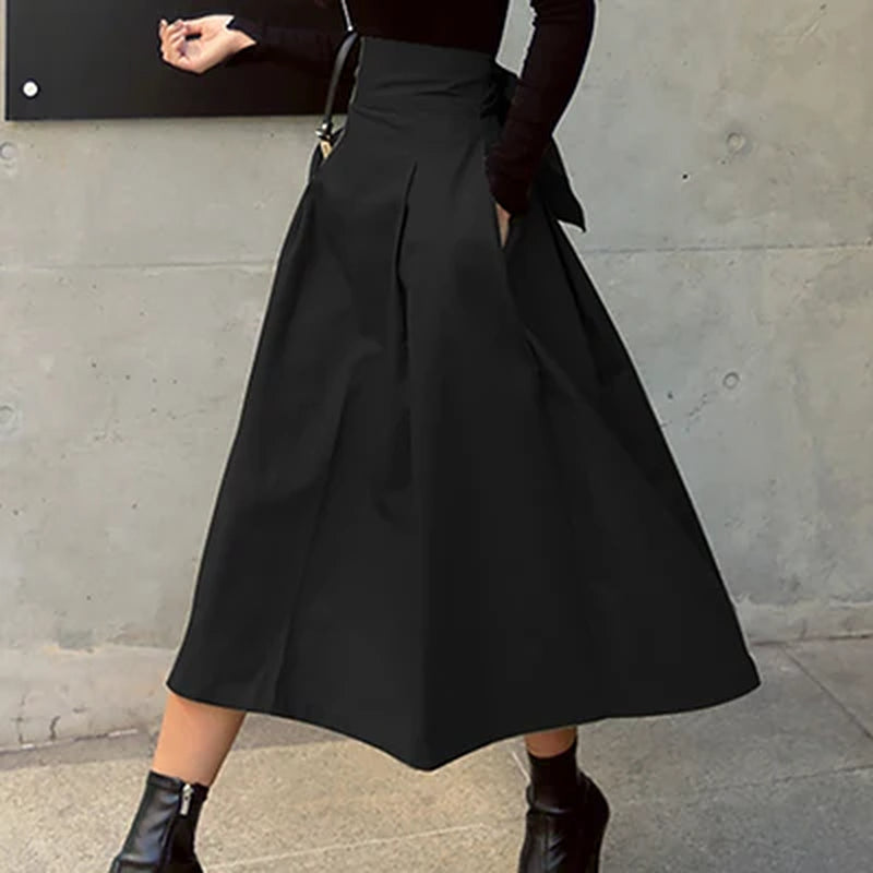 Skirts Womens Korean Fashion Solid Color Big Swing Ladies Skirt Long Skirt 2022 Autumn Wild High Waist Bow Slim Skirts-Gennys fashion