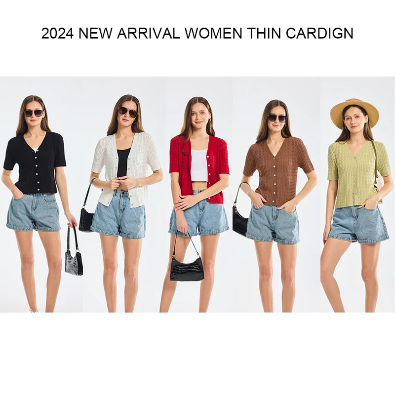 Summer Thin Cardigan for Women Solid Cropped Cardigans Button V Neck Short Sleeve Knitted Tops Brown Slim Sweater Spring 2024-Gennys fashion