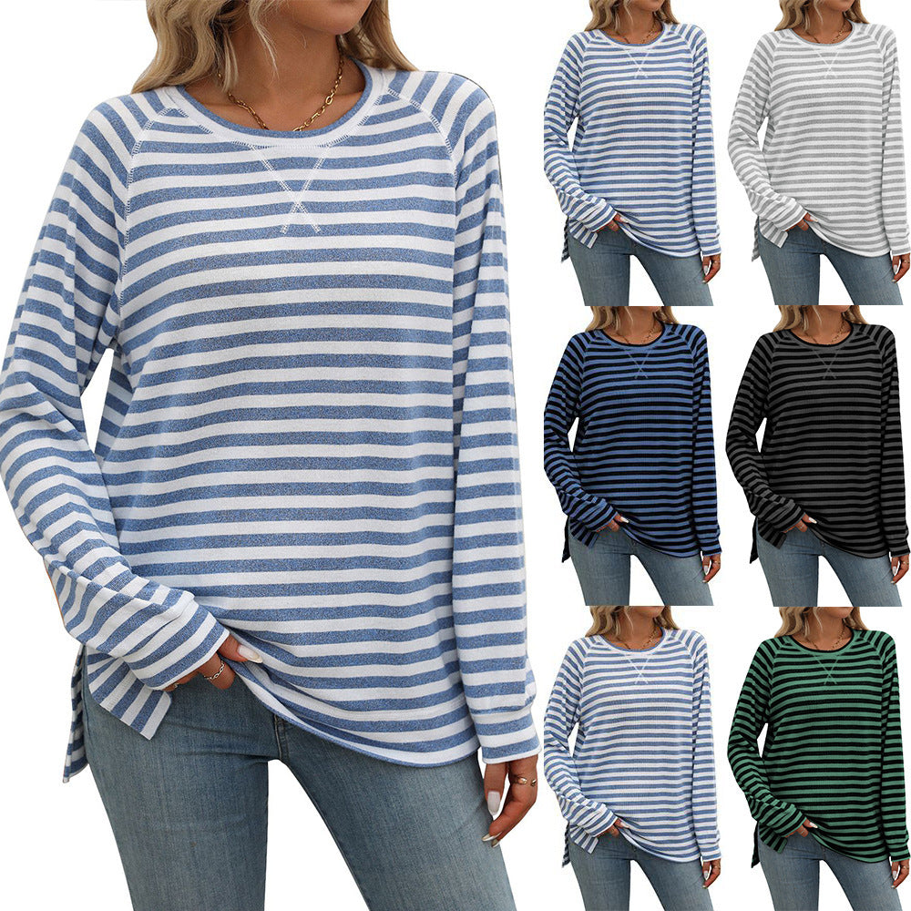 Striped Contrast Color Round Neck Long Sleeve Loose-fitting T-shirt Top-Gennys fashion