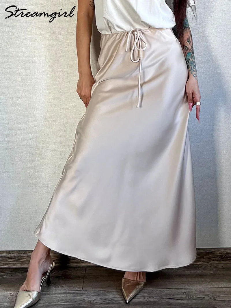 Champagne Long Skirts for Women Elegant 2024 Luxury Satin Skirt Long Beige a Line Tie up Army Green Maxi Skirts for Women Autumn-Gennys fashion