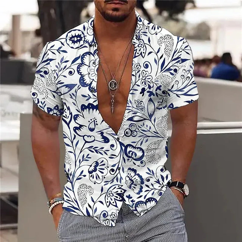 2024 Summer Hawaiian Men'S Shirt Vacation Daily Slim-Fit Top Gym Elegant Floral Pattern Leaves Society Casual Fashion-Gennys fashion