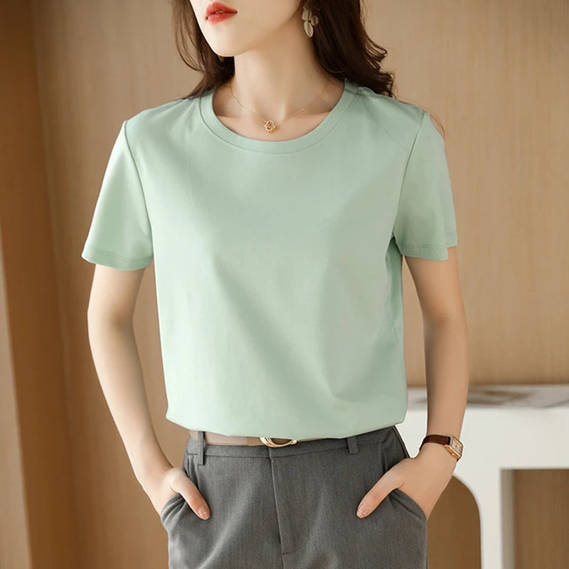 Summer 100% Mercerized Cotton Women Silk T-Shirts O Neck Short Sleeve Loose Straight Tops Simple Casual Tees for Minimalist 2023-Gennys fashion