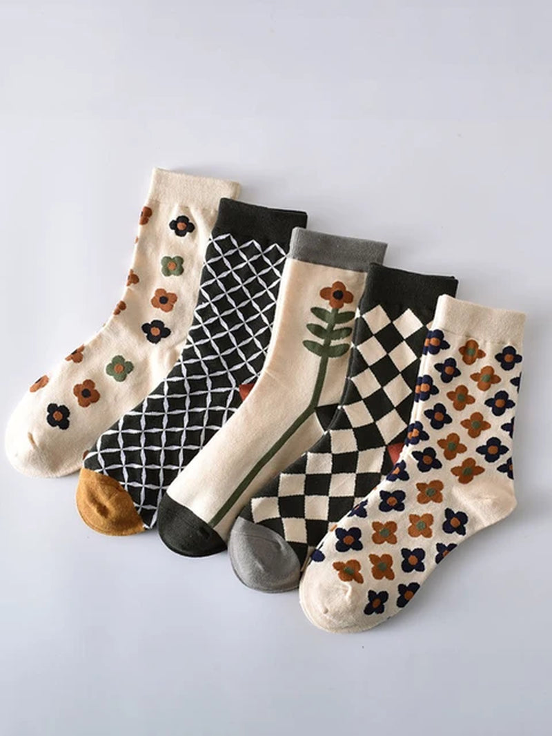 5 Pairs of Women'S Socks Spring and Summer Retro Small Flower Diamond Grid Medium Tube Socks-Gennys fashion