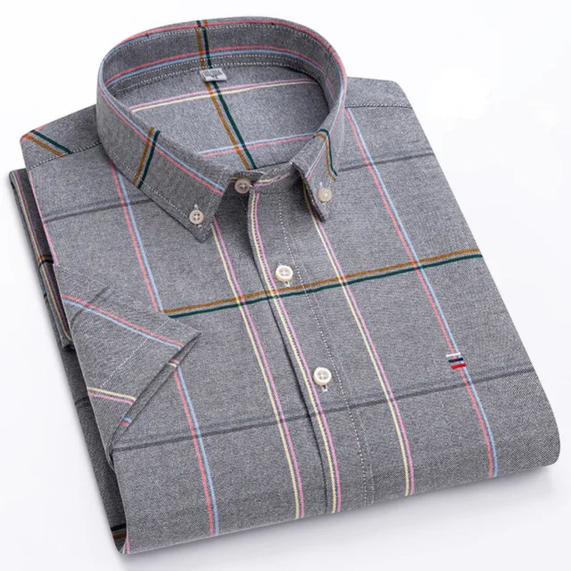 100% Cotton Men Oxford Shirt Short Sleeve Summer Plaid Striped Male Clothes Business Regular Fit Dress Shirt Oversized 7XL 6XL-Gennys fashion