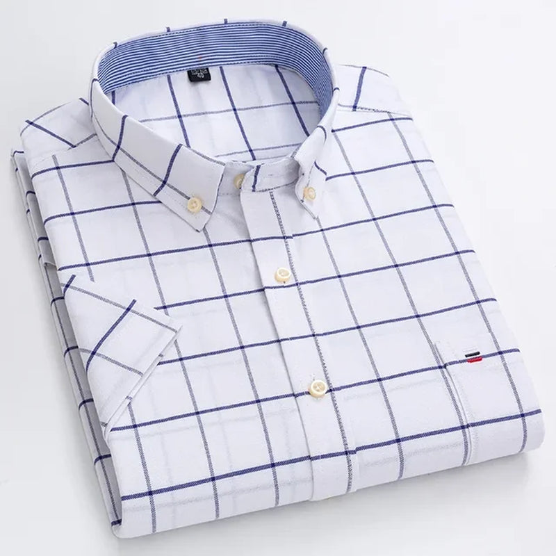 New Men'S Social Shirt Short Sleeve 100% Pure Cotton Oxford Soft Buttoned Plaid Formal Male Clothes Oversized Shirt plus Size-Gennys fashion