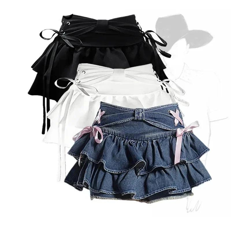 Blue Denim Pleated Skirt Bow Fold Design Women'S A-Line Short Skirt Built in Shorts American Spicy Girl Korean Fashion Hotsweet-Gennys fashion