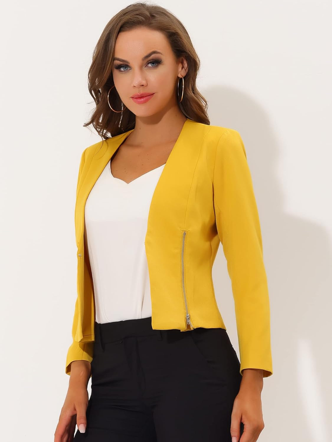 Women'S Crop Collarless Blazers Suit Zip Decor Work Office Jackets Blazer-Gennys fashion