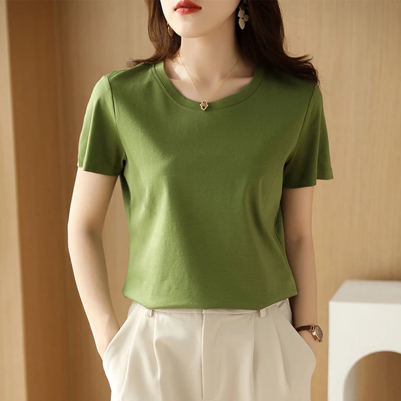 Summer 100% Mercerized Cotton Women Silk T-Shirts O Neck Short Sleeve Loose Straight Tops Simple Casual Tees for Minimalist 2023-Gennys fashion