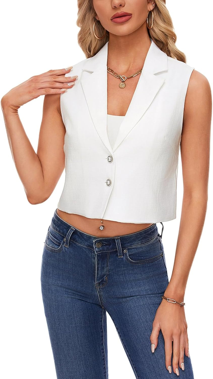 Buttoned Sleeveless Crop Blazer Vest