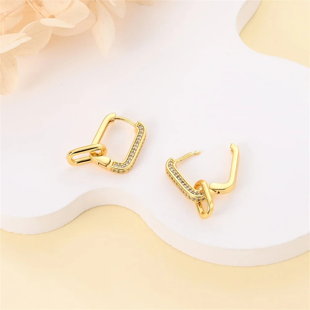 Elegant 925 Sterling Silver Double Square Buckle K Gold Set Pavé Earrings Women'S Anniversary Party Jewelry Gift-Gennys fashion