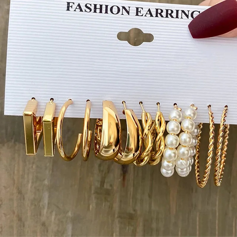 Boho Big Circle Hoop Earring Set for Women, Gold Color Bohemia Vintage Pearl Earring Heart Zircon Ear Studs Jewelry Gifts-Gennys fashion