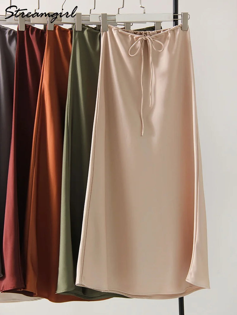 Champagne Long Skirts for Women Elegant 2024 Luxury Satin Skirt Long Beige a Line Tie up Army Green Maxi Skirts for Women Autumn-Gennys fashion